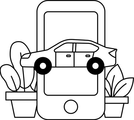 A car is on top of a cell phone. The car is black and the phone is whiteのイラスト素材