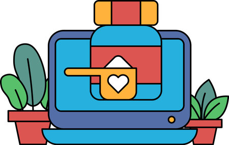 A laptop with a picture of a bottle of powder and a spoon next to it. The bottle is labeled with a heart symbolのイラスト素材