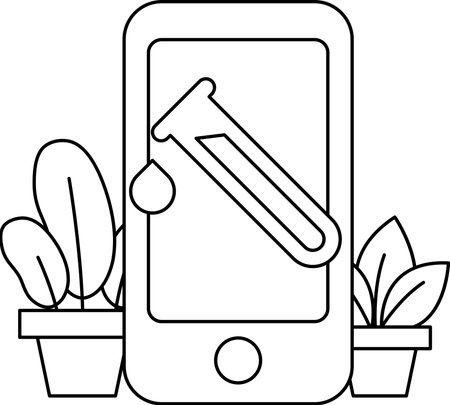 A phone is next to a plant and a test tube. The phone is black and white. The plant is green and the test tube is yellow. Scene is scientific and modernのイラスト素材