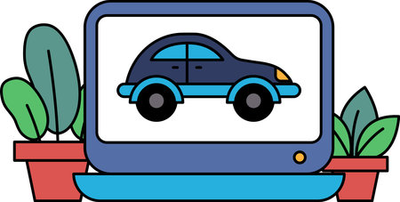 A cartoon car is displayed on a computer monitor. The car is blue and has a cartoonish design. The background features a potted plant and a green leafy plant. Scene is playful and lightheartedのイラスト素材