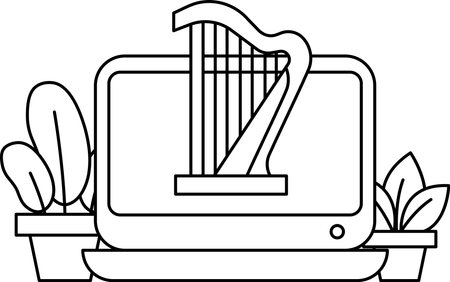 A black and white drawing of a laptop with a harp on top of it. The harp is the main focus of the image, and it is surrounded by plants and flowersのイラスト素材