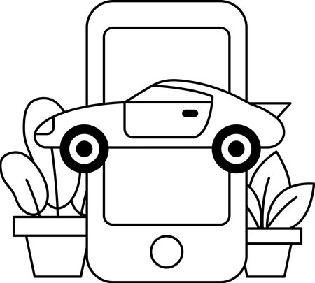 A sleek sports car is displayed on a phone screen, showcasing its design and features. The car is positioned in the center of the screen, with the phone surrounding it on all sidesのイラスト素材
