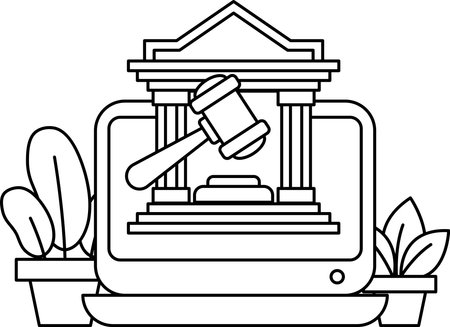 A black and white drawing of a judge's gavel on a computer screen. Concept of authority and seriousness, as the gavel is a symbol of the judge's power and the court's authorityのイラスト素材