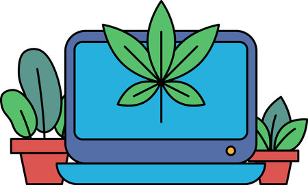 A computer monitor with a leaf on it is surrounded by potted plants. The plants are green and the leaf on the monitor is also green. Scene is calm and peaceful, as the plantsのイラスト素材