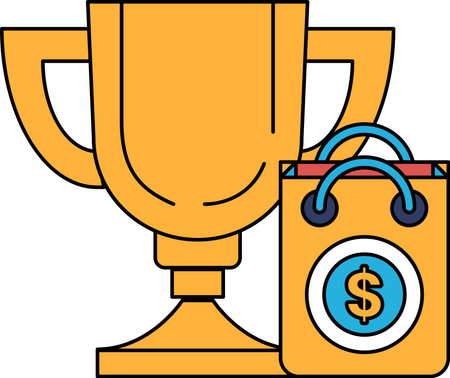 A golden trophy is displayed next to a shopping bag with a dollar sign on it. Concept of achievement and reward, as the trophy represents successのイラスト素材
