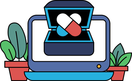 A computer monitor with a pill box on it. The pill box is open and the pills are inside. The pill box is blue and the pills are red and whiteのイラスト素材