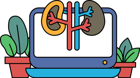 A computer monitor with a kidney and a heart on it. The image is colorful and lively, with a sense...