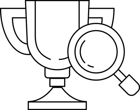 A trophy is shown with a magnifying glass on top of it. The trophy is black and white and the magnifying glass is also black and whiteのイラスト素材