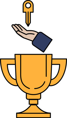 A hand is holding a key above a trophy. The trophy is yellow and has a handle. Concept of achievement and successのイラスト素材