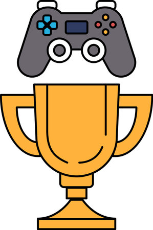 A video game controller and a trophy are shown together. The trophy is gold and has a curved top. The controller is silver and has a black and white design. Concept of a gaming victoryのイラスト素材