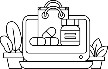 A computer monitor with a shopping bag and a bottle of pills on it. Concept of shopping for medicineのイラスト素材