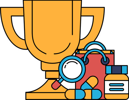 A golden trophy is placed on a table with a magnifying glass and a bag. The trophy represents an achievement, while the magnifying glassのイラスト素材