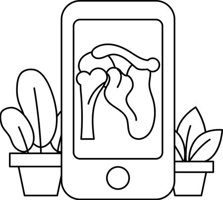 A cell phone is shown with a picture of a heart on it. The phone is placed next to a potted plant and a small plant. Concept of technology and nature coming togetherのイラスト素材