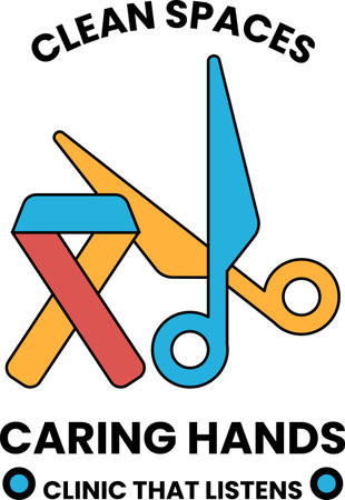 A black and white image of a pair of scissors and a pair of scissors with a ribbon on top of them. The image is titled "Caring Hands" and is meant to convey the idea of caring for othersのイラスト素材