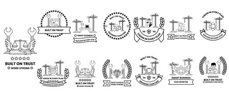 The image is a collection of symbols and logos that represent the concept of "built on trust". The symbols include a cross, a star, and a tree, among others. The logos are arranged in a gridのイラスト素材