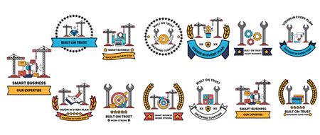 A collection of black and white icons and symbols. Some of the icons include a tree, a building, a car, and a person. The icons are arranged in a line, with some overlapping each otherのイラスト素材