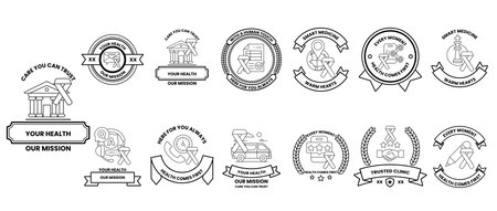 The image is a collection of various badges and symbols, all of which are related to health and wellnessのイラスト素材