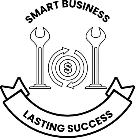 A logo for smart business lasting success. The logo features two wrenches and a dollar sign. The logo is black and whiteのイラスト素材