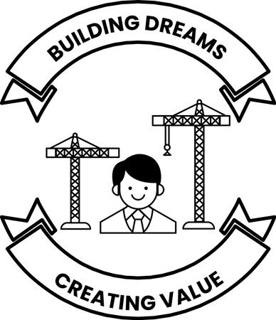 A man is smiling and standing next to a crane. The banner says "Building Dreams Creating Value"のイラスト素材