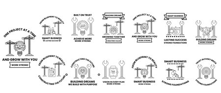 The image is a collection of different designs, each with a different concept or mood. Some of the designs include a construction site, a beach, and a cityscapeのイラスト素材