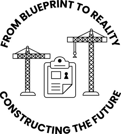 Blueprint to reality is the title of the image. A construction site with cranes and a clipboard. The clipboard has a person on it, and the cranes are in the backgroundのイラスト素材