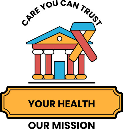 A white and black image of a building with a ribbon on it that says "Care You Can Trust Your Health Our Mission"のイラスト素材