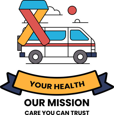 A van with a ribbon on it that says "Your Health Our Mission". The ribbon is white and blackのイラスト素材