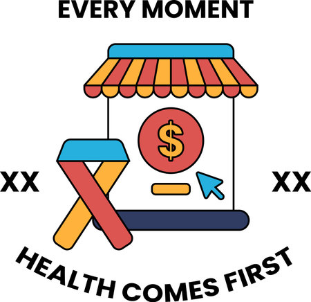 A black and white design with a dollar sign and the words "every moment health comes first" written below it. The design is simple and straightforwardのイラスト素材