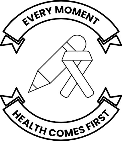 A ribbon with a pencil and a ribbon with a ribbon. The ribbon with the pencil is labeled "Every moment health comes first." This message emphasizes the importance of taking care of one's healthのイラスト素材
