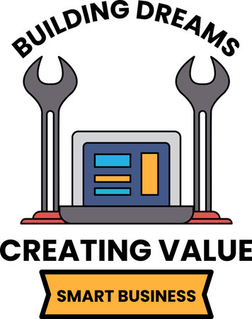 A logo for a company called Building Dreams. The logo features a wrench and a laptop, and the slogan "Creating Value Smart Business"のイラスト素材