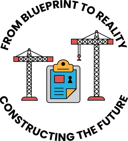 Blueprint to reality is the title of the image. A construction site with cranes and a clipboard. The clipboard has a person on it, and the cranes are in the backgroundのイラスト素材