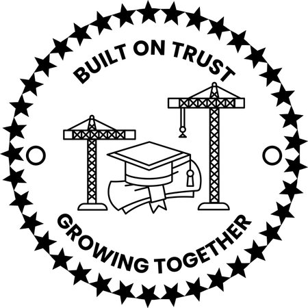 A black and white logo with a graduation cap and a crane. The logo says Built on Trust Growing Togetherのイラスト素材