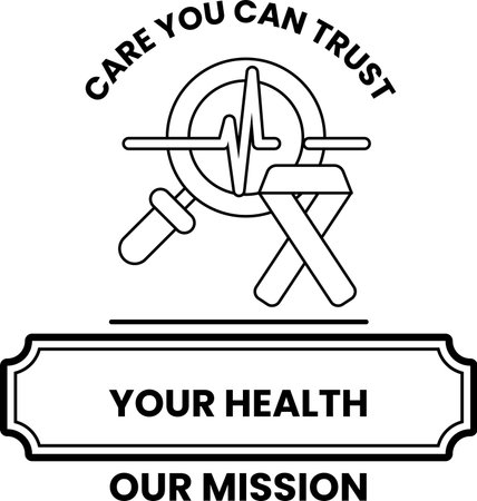 A black and white image of a heart with a magnifying glass and a hammer. The image is titled "Care You Can Trust Your Health Our Mission"のイラスト素材