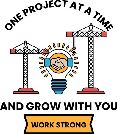 Two cranes shaking hands, symbolizing a successful project. The text below the image reads "One project at a time and grow with you" and "Work Strong"のイラスト素材