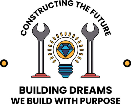 The logo is a wrench and a light bulb. The wrench is on the left and the light bulb is on the right. The logo is black and white. The logo is titled "Constructing the Future"のイラスト素材