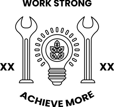 A black and white image of a light bulb and a wrench with the words Work Strong Achieve Moreのイラスト素材