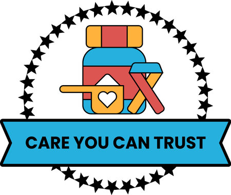 A black and white image of a bottle of medicine with a heart and a star. The image is titled "Care You Can Trust"のイラスト素材