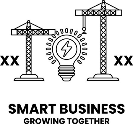 A black and white image of two cranes with a light bulb in between them. The image is titled Smart Business and is meant to convey the idea of growth and collaborationのイラスト素材