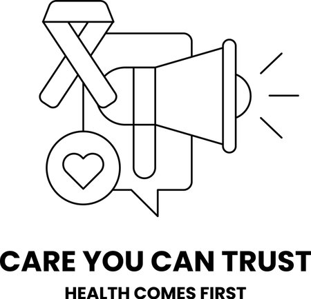 A black and white image of a microphone with a heart and a cancer ribbon. The text reads "Care you can trust" and "Health comes first"のイラスト素材