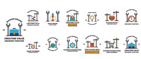 The image is a series of symbols and drawings that represent the concept of creating value. The symbols include a person, a tree, a building, and a person holding a keyのイラスト素材