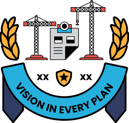 The banner is black and white and has a construction site in the background. The banner says "vision in every plan" and has a star and a shield on itのイラスト素材