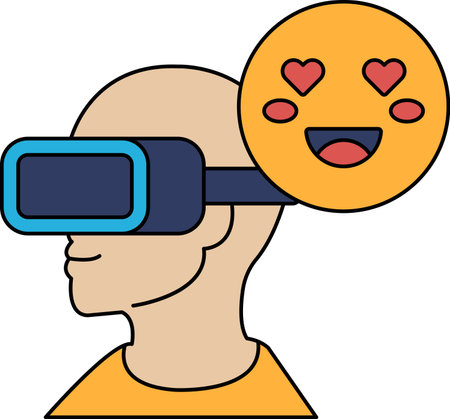 A man wearing a virtual reality headset with a smiling face and a heart. Concept of happiness and excitement, as if the man is experiencing something amazing through the virtual reality headsetのイラスト素材