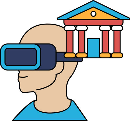 A man wearing a virtual reality headset is looking at a building. The building is a bank. The man is looking at the building with a sense of curiosity and wonderのイラスト素材