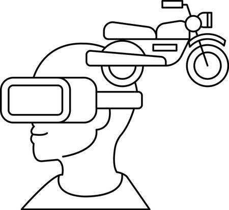 A man wearing a virtual reality headset is looking at a motorcycle. The motorcycle is on top of the man's headのイラスト素材
