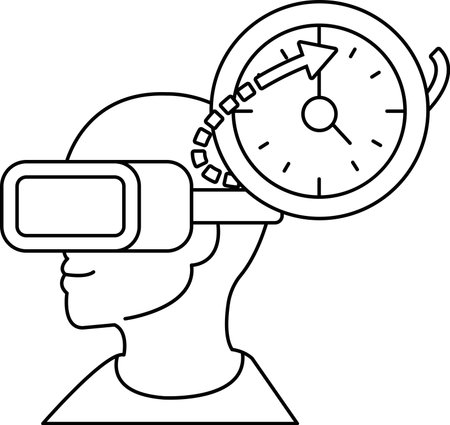 A man wearing a virtual reality headset with a clock on his head. The clock is showing the time as 10:00のイラスト素材