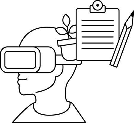 A man wearing a virtual reality headset with a clipboard and pencil on his head. Concept of a person using virtual reality technology to take notes or brainstorm ideas. Scene is focused and seriousのイラスト素材