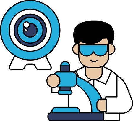 A man in a lab coat is holding a microscope. He is smiling and he is enjoying his work. Concept of curiosity and scientific explorationのイラスト素材