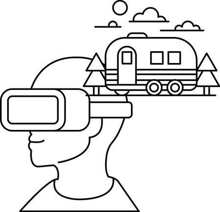 A man wearing a virtual reality headset is looking at a trailer. The trailer is parked on a road with trees in the background. The man is smiling, indicating that he is enjoying the experienceのイラスト素材