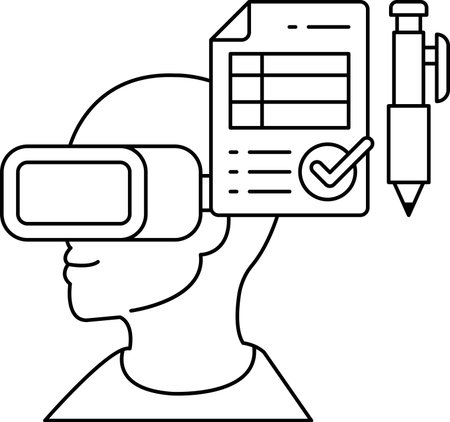 A man wearing a virtual reality headset is holding a pen and a piece of paper. Concept of creativity and innovation, as the man is using the virtual reality headset to brainstormのイラスト素材