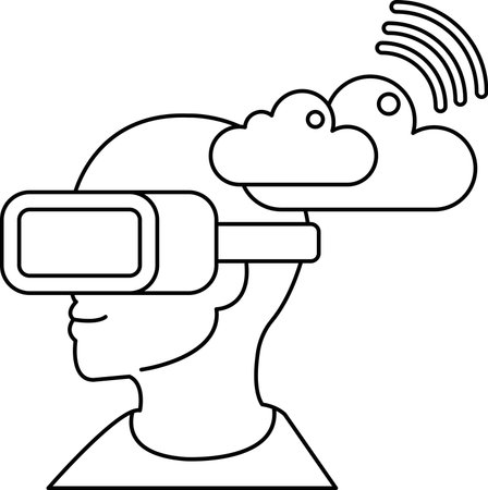 A man wearing a virtual reality headset with a cloud on his head. Concept of excitement and adventure, as the man is about to embark on a new experienceのイラスト素材